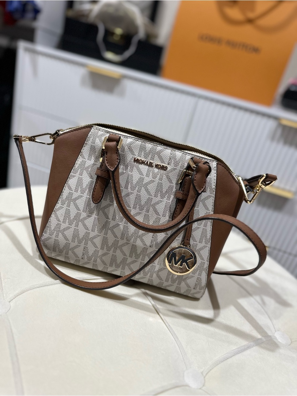 Michael Kors Vanilla and Brown Logo Satchel with Gold Accents